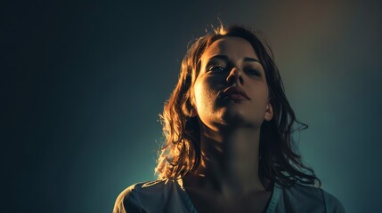 Canvas Print - Portrait of a beautiful young woman with long blond hair looking up at the light.