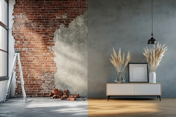 Wall Mural - Contrast of renovation  a realistic interior scene showcasing unfinished and finished spaces