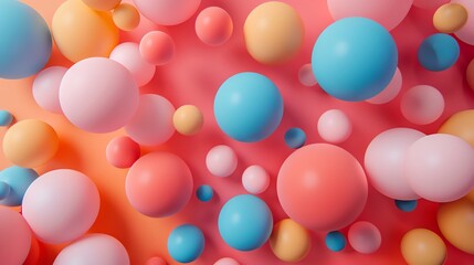 Wall Mural - 3d rendering of a pink background with pastel colored balls of various sizes floating in the air.