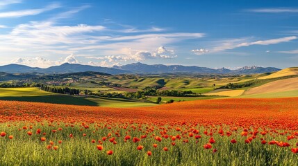 Aufkleber - Lush poppy fields bloom under clear blue skies in a scenic countryside landscape during a sunny day. Generative AI
