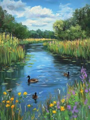 Poster - Ducks swimming in a serene river surrounded by colorful wildflowers and lush greenery under a bright blue sky. Generative AI