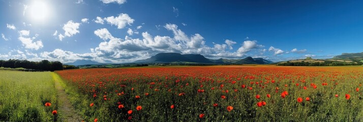 Poster - Expansive field of vibrant red poppies under a clear blue sky with distant mountains in the background. Generative AI