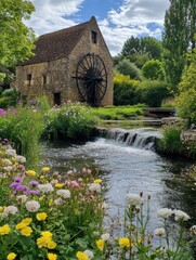 Leinwandbilder - Flourishing mill by the river with blooming flowers under a bright sky in rural countryside setting. Generative AI