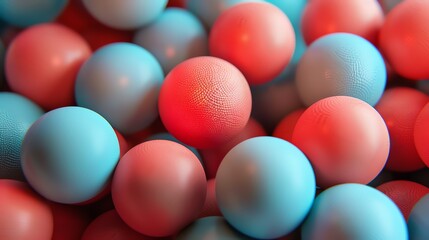 Wall Mural - 3D rendering of a pile of blue and red balls with a bumpy texture. The balls are all different sizes and are positioned randomly.