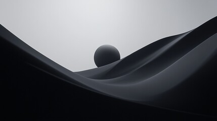 Minimalist abstract composition featuring a black sphere balancing on elegant black waves, creating a dramatic contrast against a white background