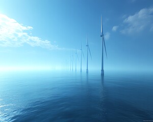 Highresolution image of wind turbines in the open ocean, each pole raised above the water level, with a vibrant blue sky and calm waters surrounding them