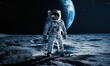© Sergio Lucci - Astronaut standing on the moon with earth glowing in the background surrounded by a starry sky