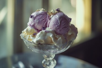 Wall Mural - Freshly made ice cream served in a glass bowl, perfect for a hot summer day or a sweet treat any time