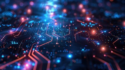 Computer chip with a blue background and red and orange lines