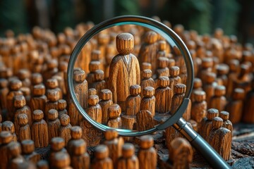 A close-up shot of a magnifying glass held over a group of wooden figures, great for use in educational or scientific illustrations