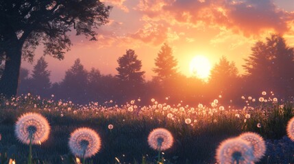 Poster - Dandelion Field Sunset Golden Hour Landscape