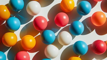 Wall Mural - colorful balls of various sizes are scattered on a white surface. the balls are red, blue, yellow, a