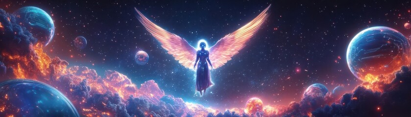 Design a futuristic guardian angel floating amidst a vibrant galaxy of holographic planets