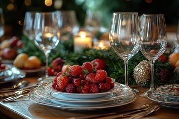 Canvas Print - Fresh strawberries served on a table, perfect for breakfast or snack