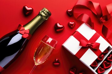 Canvas Print - A bottle of champagne sits next to a box of chocolates, perfect for a romantic occasion or celebration