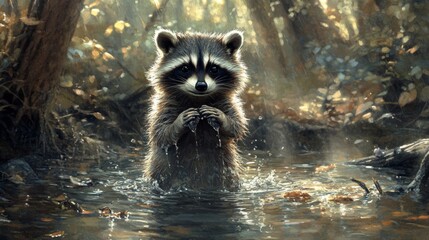 Wall Mural - A Young Raccoon Stands in a Forest Stream