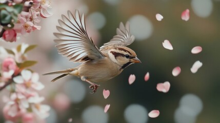 Wall Mural - Sparrow in Flight Amidst Falling Pink Petals