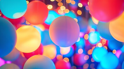 Wall Mural - a beautiful and festive image of a bunch of variously-colored balls hanging from strings of lights.