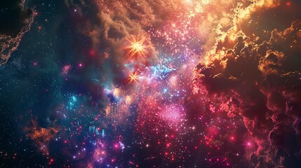 A photo of colorful fireworks over a distant galaxy