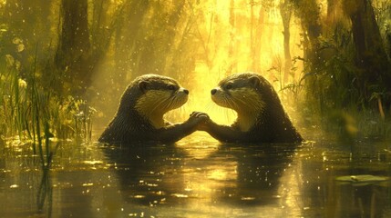 Poster - Two otters meet in a golden forest stream