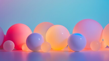Wall Mural - 3d rendering of a group of pastel colored spheres of different sizes against a blue background.