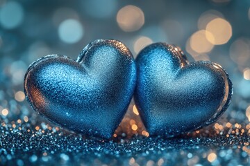 Wall Mural - A pair of shiny blue hearts sit on a table, perfect for decoration or gift giving