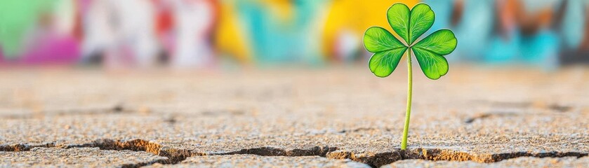 Wall Mural - A lone clover grows through cracked pavement, symbolizing resilience and hope amidst a vibrant, colorful background.