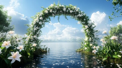 Poster - White Flower Archway Over Tranquil Lakeside Scene