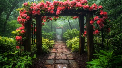 Poster - Azalea blossoms arch over a stone path in a misty garden