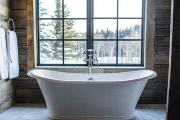 Poster - A white bath tub placed near a window, providing natural light and a cozy atmosphere