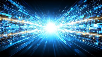 Fototapete - Abstract Digital Data Stream Futuristic Technology High Speed Network Blue Light Bright Glow Data