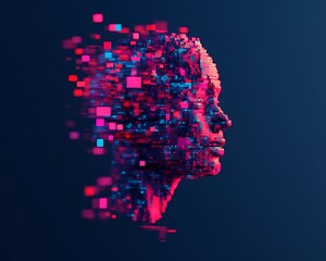 Leinwandbilder - Abstract Digital Human Head Profile Pixelated Face Neon Colors Futuristic Technology AI Concept