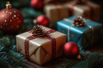 Canvas Print - A close-up shot of various gifts and decorations on a table