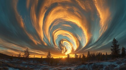 Sunset swirls, boreal forest, winter landscape.