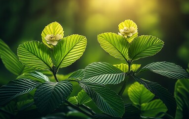 Wall Mural - Two vibrant green plants with delicate white flowers illuminated by sunlight.