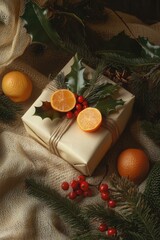 Wall Mural - Wrapped gift with oranges and holly