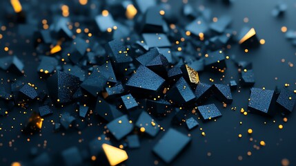 Poster - Abstract Dark Blue and Gold Geometric Cubes Scattered Background