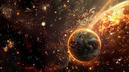 Wall Mural - A photo of fireworks exploding around a planet.