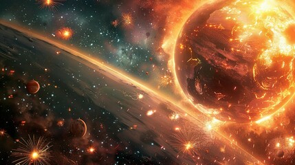 Wall Mural - A photo of fireworks exploding around a planet.