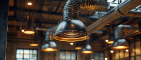 Wall Mural - Industrial loft interior, metal lamps, pipes