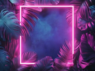 Wall Mural - Purple Neon Frame with Tropical Leaves