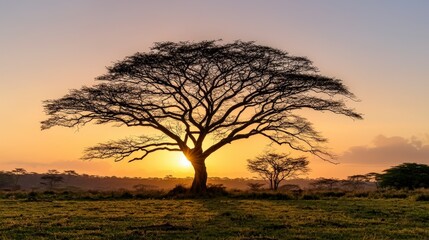 Wall Mural - Golden sunset over dark tree silhouette in nature serene landscape tranquil viewpoint vibrant colors
