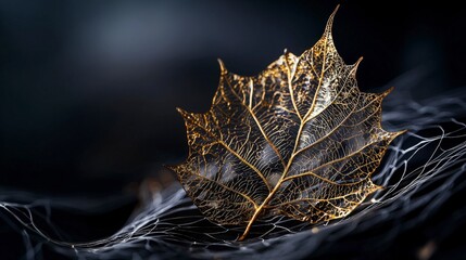 Aufkleber - Golden leaf veins showcased against black background nature close-up artistic photography ethereal mood