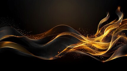 Poster - Dynamic golden wave patterns in abstract design digital art elegant environment high-contrast viewpoint