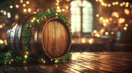 Wall Mural - Wooden Barrel Adorned With Shamrocks And Lights