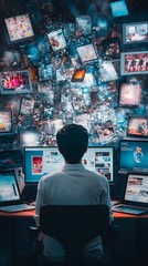 Wall Mural - person sitting at desk surrounded by multiple screens and data visuals