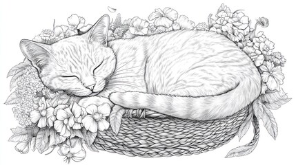 Wall Mural - A serene illustration of a sleeping cat surrounded by delicate flowers in a basket