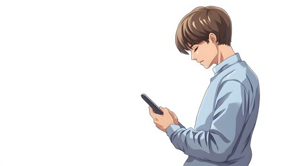 Young man using smartphone, profile view.  Casual attire, thoughtful expression.