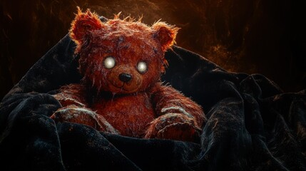 Wall Mural - A wet, red teddy bear with dirt-stained fur and luminous big eyes, background, adding depth and mystery.