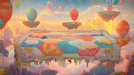 Wall Mural - A worn children quilt with frayed edges and colorful patterns of balloons and clouds, placed in a dreamy animated background of floating islands, bridges of light, and shimmering stars.